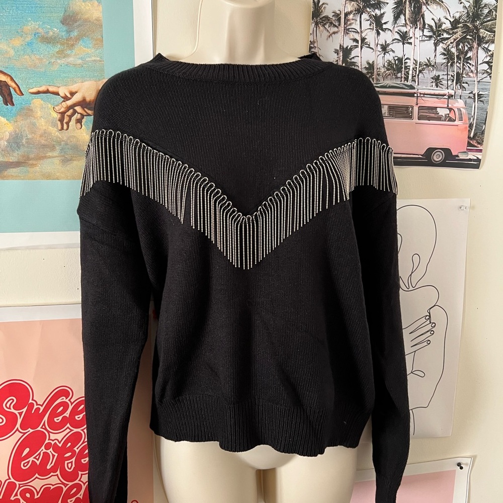 Debut M/L black sweater with silver fringe NWOT